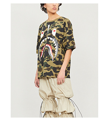 Bape Camouflage Shark Cotton Blend T Shirt In Green Modesens