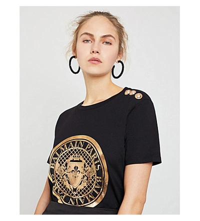 Shop Balmain Metallic Logo-print Cotton-jersey T-shirt In Black