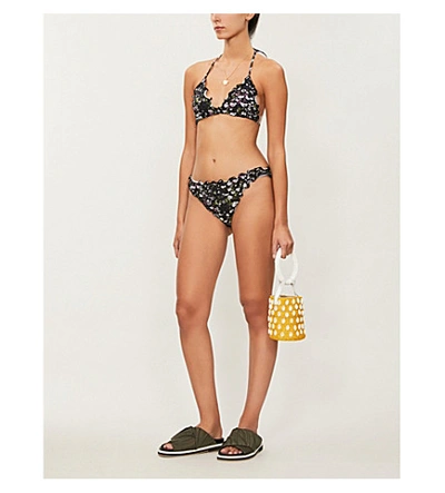 Shop Ganni Floral-print Halterneck Bikini Top In Black