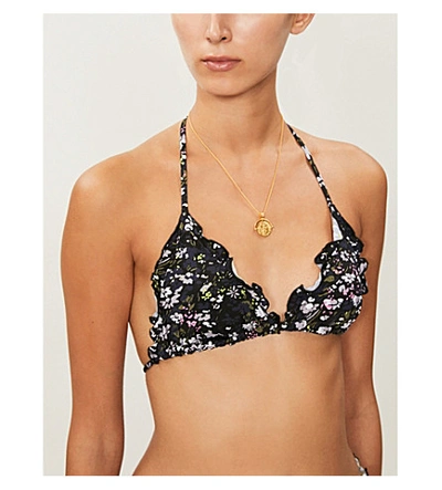 Shop Ganni Floral-print Halterneck Bikini Top In Black