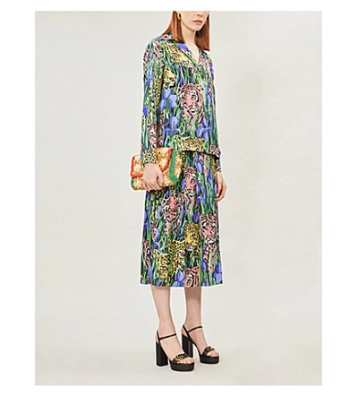 Shop Gucci Feline Garden-print Silk-satin Midi Skirt In Multi