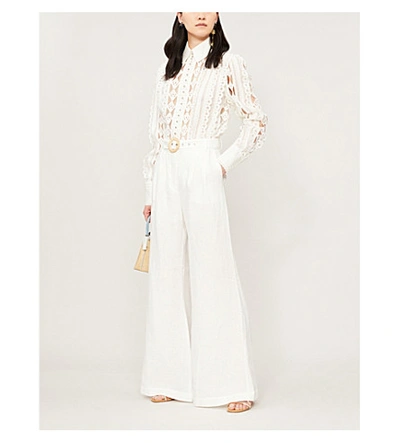Shop Zimmermann Honour High-rise Belted Linen Wide-leg Trousers In Ivory