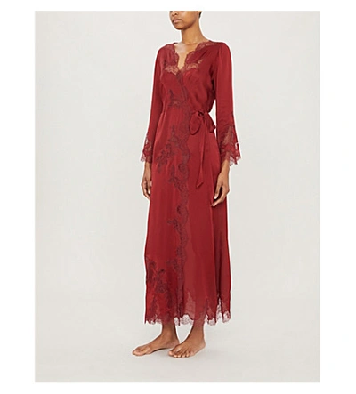 Shop Carine Gilson Skyfall Lace-trimmed Silk-satin Robe In Garnet Red Burgandy