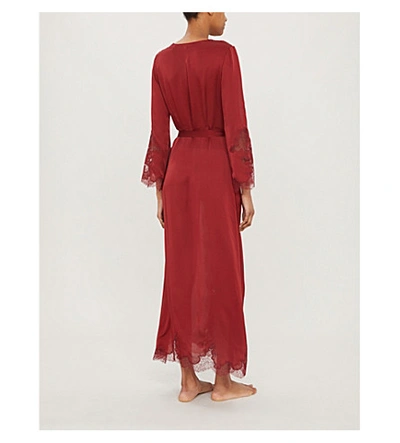 Shop Carine Gilson Skyfall Lace-trimmed Silk-satin Robe In Garnet Red Burgandy