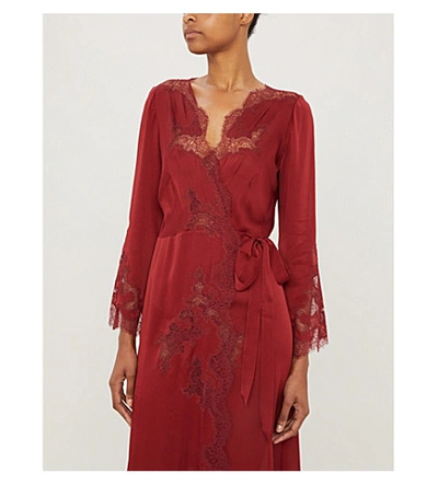 Shop Carine Gilson Skyfall Lace-trimmed Silk-satin Robe In Garnet Red Burgandy