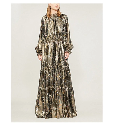 Shop Altuzarra Currie Tiered Floral-print Metallic Silk-blend Gown In Black