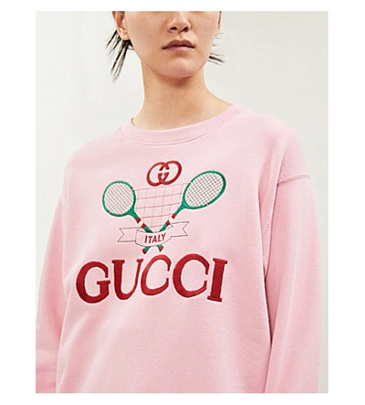 Shop Gucci Tennis Logo-embroidered Cotton-jersey Sweatshirt In Pink