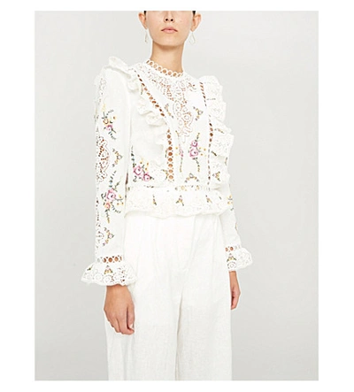 Shop Zimmermann Allia Lace-detail Linen And Cotton-blend Top In Ivory