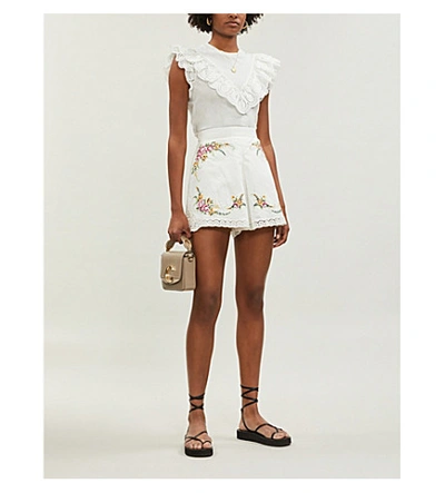 Shop Zimmermann Allia Floral-embroidered Linen And Cotton-blend Shorts In Ivory