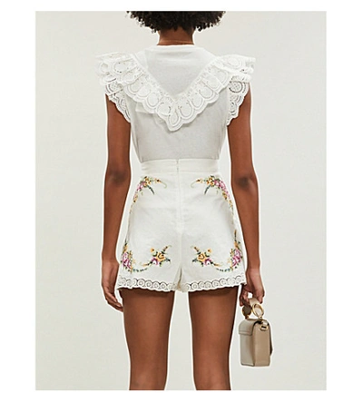 Shop Zimmermann Allia Floral-embroidered Linen And Cotton-blend Shorts In Ivory