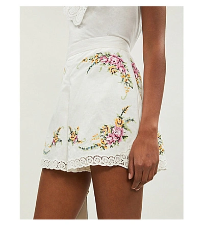 Shop Zimmermann Allia Floral-embroidered Linen And Cotton-blend Shorts In Ivory