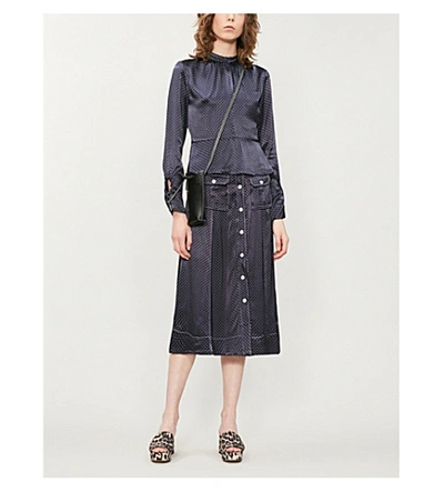 Shop Ganni Polka Dot-print Satin Midi Skirt In Total Eclipse