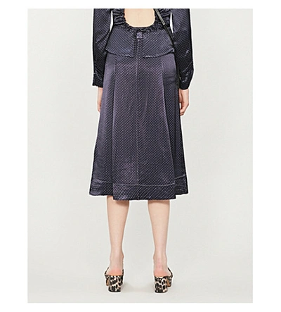 Shop Ganni Polka Dot-print Satin Midi Skirt In Total Eclipse