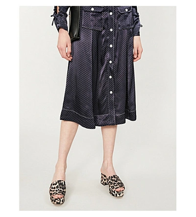 Shop Ganni Polka Dot-print Satin Midi Skirt In Total Eclipse