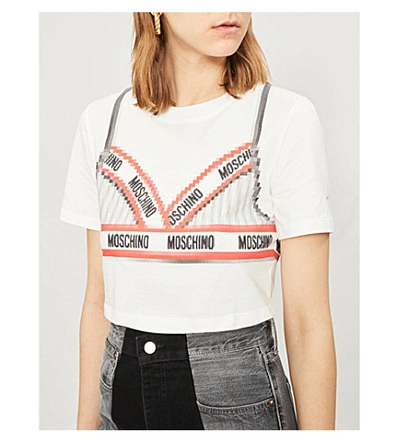 Shop Moschino Cropped Logo-print Cotton-jersey T-shirt In White