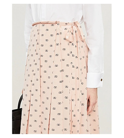 Shop Valentino Logo-print Pleated Silk-crepe Midi Skirt In Antique Rose