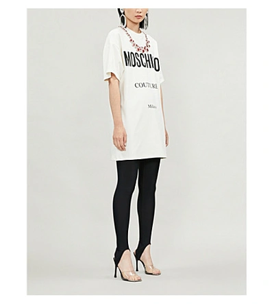 Shop Moschino Crystal-embellished Logo-print Jersey Mini Dress In White