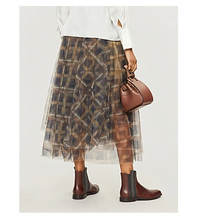 Shop Brunello Cucinelli Checked Tulle Skirt In Brown/blue