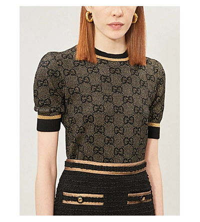 Shop Gucci Gg-motif Metallic Wool-blend Top In Black Gold