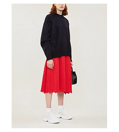 Shop Maje Jissa Chevron-patterned Crepe Midi Skirt In Rouge
