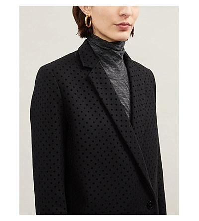 Shop Claudie Pierlot Velvet Polka-dot Single-breasted Wool-blend Coat In Black