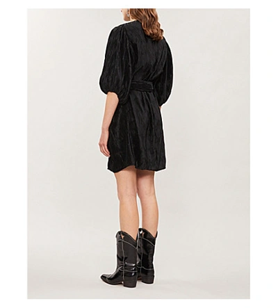 Shop Ganni Puffed-sleeve Pleated Satin Mini Dress In Black
