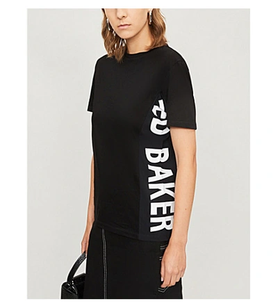 Shop Ted Baker Womens Black Graphic Logo-side Cotton-jersey T-shirt 8