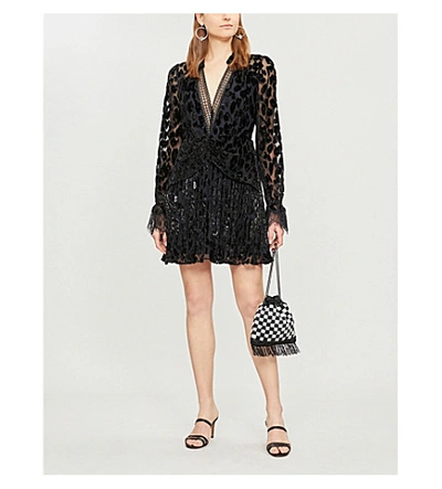 Shop Self-portrait Lace-trimmed Metallic Leopard-print Crepe Mini Dress In Black/navy