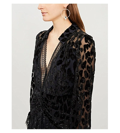Shop Self-portrait Lace-trimmed Metallic Leopard-print Crepe Mini Dress In Black/navy