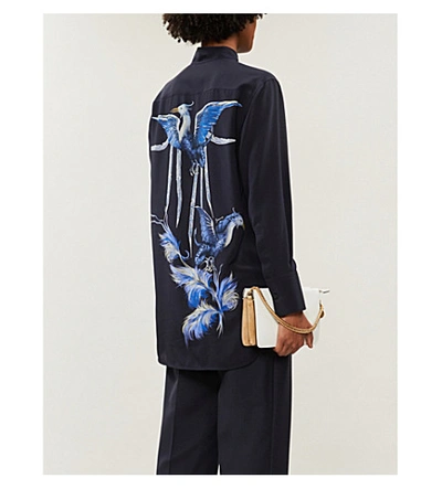 Shop Givenchy Bird-print Silk-crepe Shirt In Navy/blue