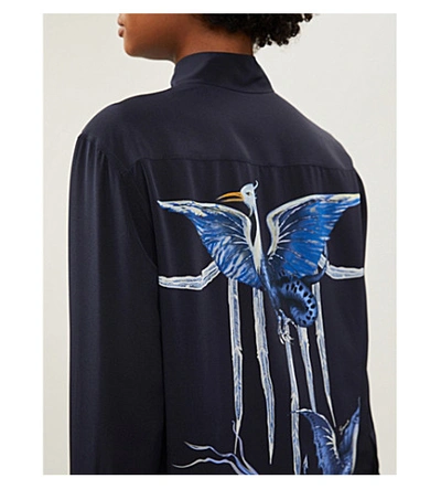 Shop Givenchy Bird-print Silk-crepe Shirt In Navy/blue