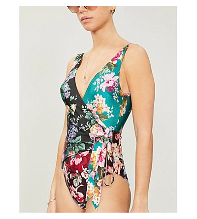 Shop Zimmermann Allia Floral-print High-leg Swimsuit In Spliced