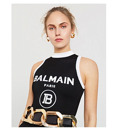 Shop Balmain Branded Sleeveless Stretch-knit Body In White Black