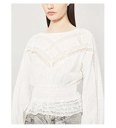 Shop The Kooples Smocked Lace-trim Cotton Blouse In Whi01