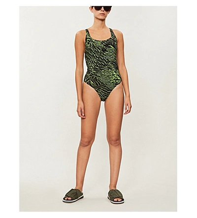 Shop Ganni Tiger-print Swimsuit In Lime Tiger