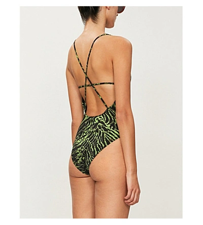 Shop Ganni Tiger-print Swimsuit In Lime Tiger