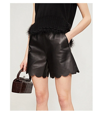 Shop Red Valentino Scallop-trimmed High-waisted Leather Shorts In Nero
