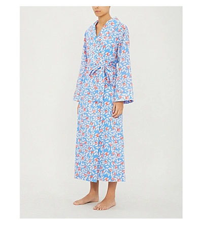 Shop Yolke Floral Print Cotton Dressing Gown In Nectarine Floral