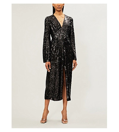 Shop Galvan Moonlight V-neck Sequin Midi Dress In Black