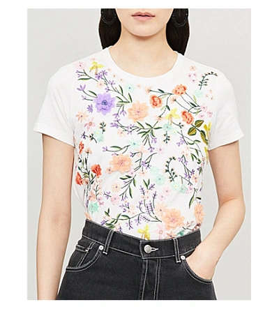 Shop Alice And Olivia Rylyn Embellished Floral-embroidered Cotton T-shirt In White/multi