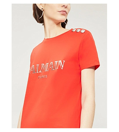 Shop Balmain Logo-print Cotton-jersey T-shirt In Red