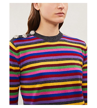 Shop Ganni Embellished Striped Cashmere-knit Jumper In Multicolour