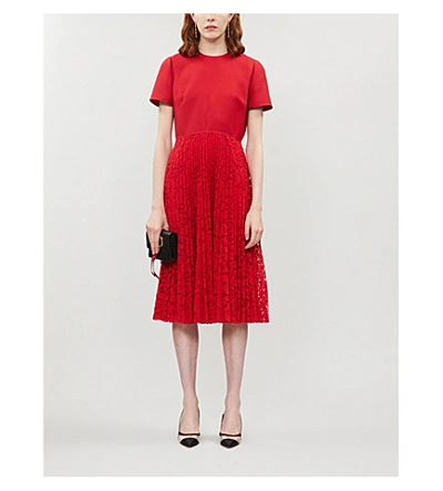Shop Valentino Lace-panelled Wool And Silk-blend Midi Dress In Red
