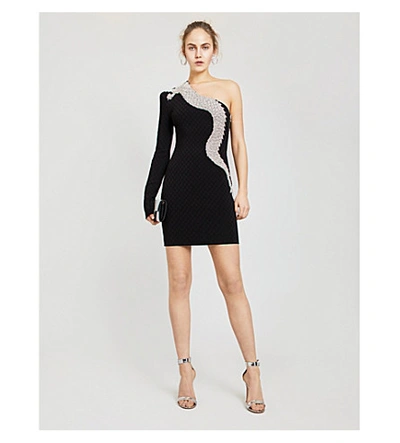 Shop Balmain One-shoulder Embellished-dragon Quilted Velvet Mini Dress In Black White