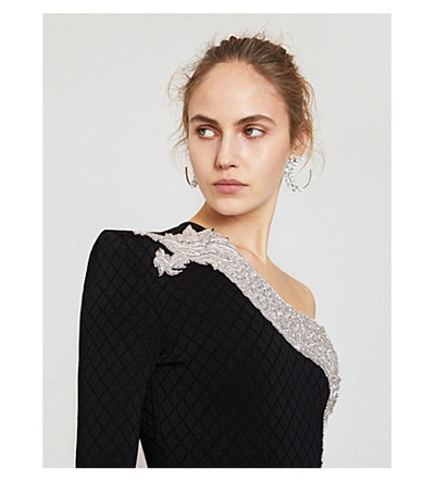 Shop Balmain One-shoulder Embellished-dragon Quilted Velvet Mini Dress In Black White