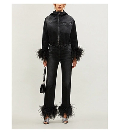 Prada Reversible Cropped Feather trimmed Denim And Nylon Jacket In Black ModeSens