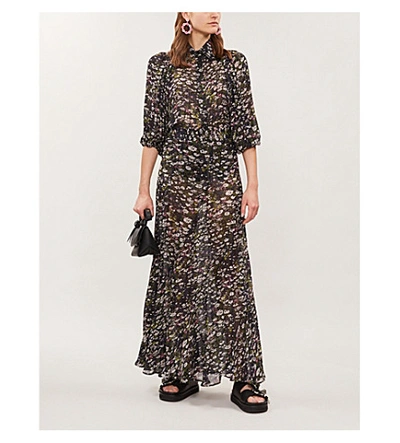 Shop Ganni Floral-print Georgette Skirt In Black