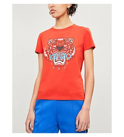 Shop Kenzo Tiger Logo-print Cotton-jersey T-shirt In Red