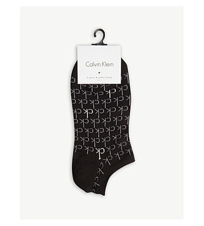 Shop Calvin Klein Women's Black Logo Print Cotton-blend Trainer Socks Set Of Two