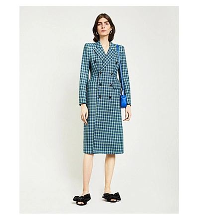 Shop Balenciaga Hourglass Double-breasted Checked Wool Coat In Blue/azure